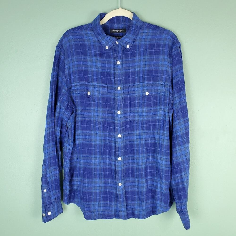 Banana Republic Linen Plaid Standard Button Down Long Sleeve Shirt Size Medium